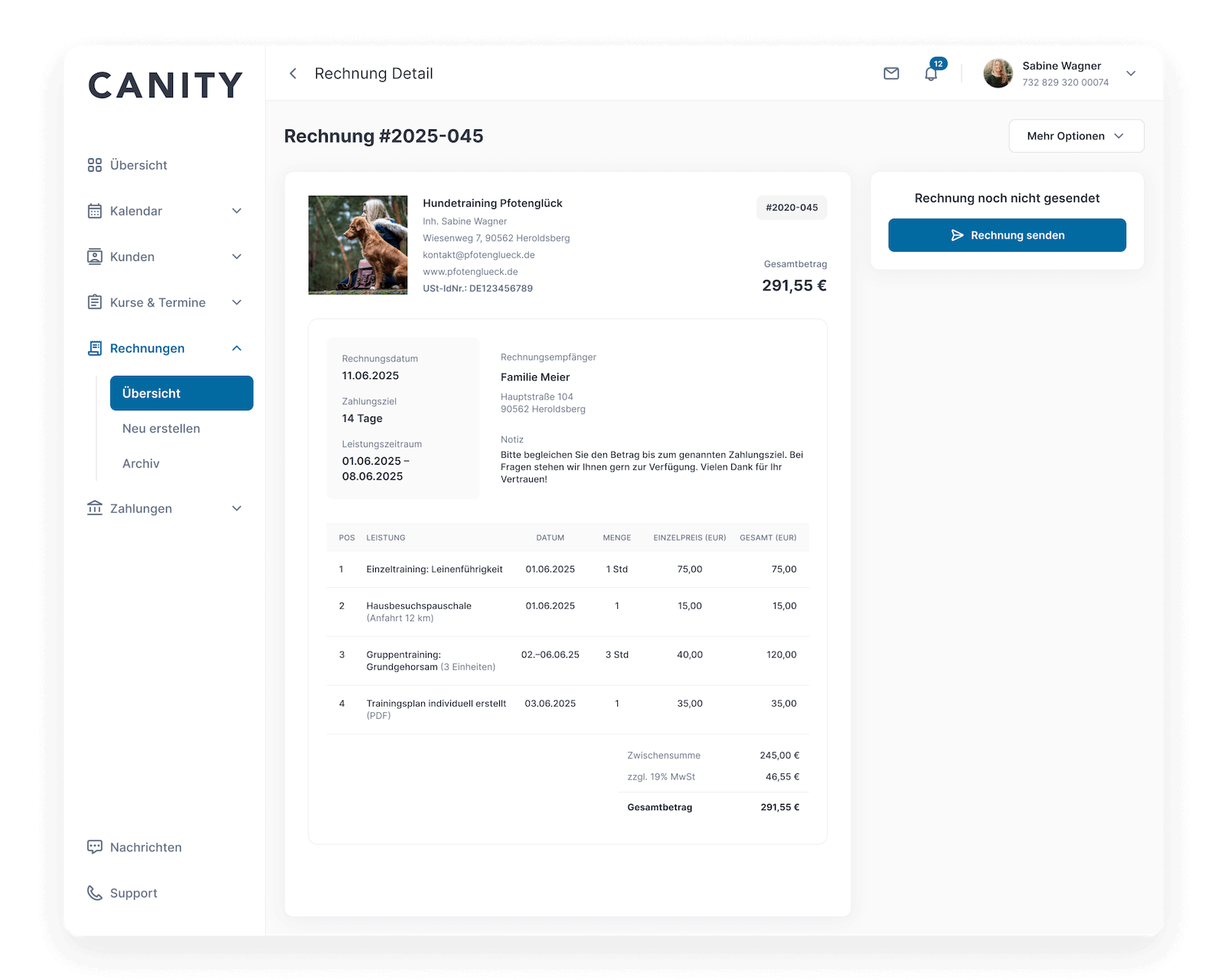 Screenshot der Canity Rechnungserstellung mit automatischer Datenübernahme